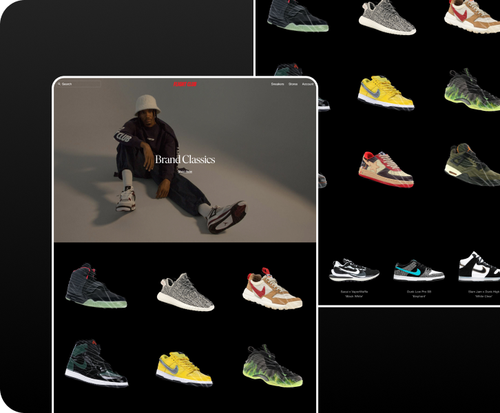 Flight Club website mockups, hero and product grid