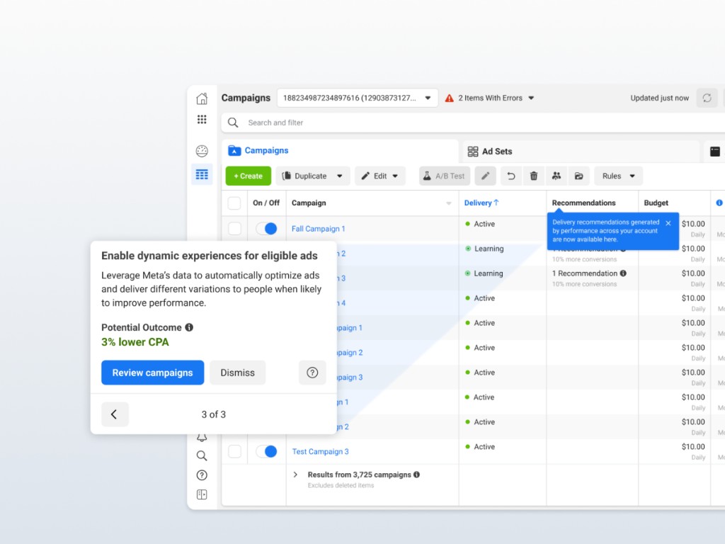 Meta Ads Manager with guidance card, campaigns table